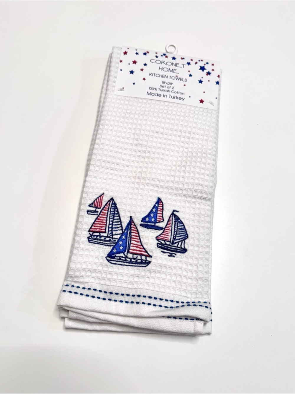 Turkish Cotton White Kitchen Towel with Embroidered Red & Blue Sailboats